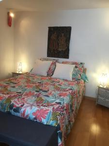 a bedroom with a bed with a colorful comforter at Chambres de la Choisille à Fondettes st Cyr Tours in Fondettes +5 photos