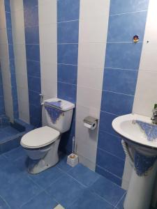 a blue tiled bathroom with a toilet and a sink at Flower 2 in Jerash
