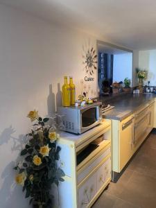 a kitchen with a microwave on top of a counter at Maison en bord de mer en Corse Lavasina Brando in Brando