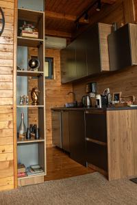 eine Küche mit einer schwarzen Theke und einem Regal in der Unterkunft Woodhouse in Bijelo Polje