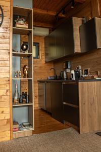 a kitchen with a black counter and a shelf at Woodhouse in Bijelo Polje