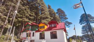 a building with a colorful roof on top of it at Sheesha cottage in Patnitop