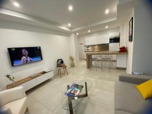 ein Wohnzimmer mit einem Sofa und einem TV an der Wand in der Unterkunft Superbe Appartement Hypercentre climatisé in Cannes