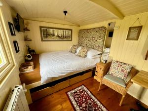 a small bedroom with a bed and a chair at Shepherds Retreat Anglesey in Llanerchymedd