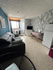 een woonkamer met een bank en een tv bij Studio La Flânerie in Cap d'Agde