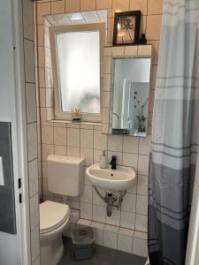 ein Bad mit einem WC, einem Waschbecken und einem Spiegel in der Unterkunft Interior Apartments in Kassel Bad Wilhelmshöhe in Kassel