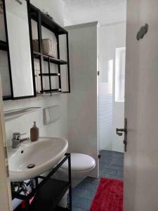 a bathroom with a white sink and a toilet at Schöne Ferienwohnungen -bis zu 4 Personen 70qm2- in Oldenburg Eversten in Oldenburg +30 photos