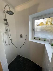 a shower in a bathroom with a window at Schöne Ferienwohnungen -bis zu 4 Personen 70qm2- in Oldenburg Eversten in Oldenburg