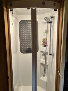 a bathroom with a shower and a glass door at Glamping Karavan in Chrášťany