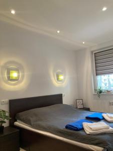 a bedroom with a bed with blue sheets and a window at Blue Mare BB in Łukęcin +92 photos