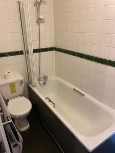 a bathroom with a toilet and a bath tub at The Olde Swan Hotel in Chertsey