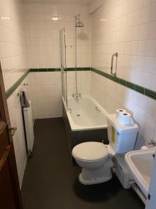 a bathroom with a toilet and a bath tub at The Olde Swan Hotel in Chertsey