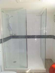 a shower with a glass door in a bathroom at Lanarth Chalet in Hayle Cornwall in Hayle