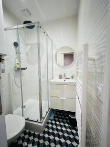 a bathroom with a shower and a sink and a toilet at New studio fully furnished - Rue d'Enghien, Paris in Paris