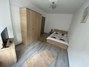 a bedroom with a bed and a cabinet and a television at Apartament Costescu in Băile Herculane