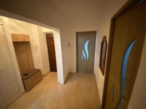 a hallway with a door with a dolphin painted on it at Apartament Costescu in Băile Herculane