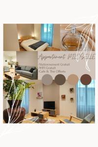 a collage of photos of a hotel room at Appartements à thème in Clermont-Ferrand