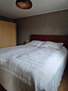 1 dormitorio con 1 cama grande y edredón blanco en vakantiehuisje Holterberg, en Holten