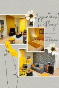 eine Collage mit Fotos eines Wohnzimmers mit Gelb in der Unterkunft Appartements à thème in Clermont-Ferrand