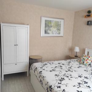 um quarto com uma cama e um armário branco em Gîte chez CNYL em Wissembourg