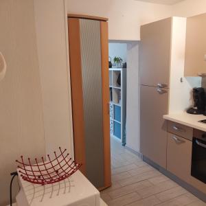 eine Küche mit einem Kühlschrank und einer Arbeitsplatte in der Unterkunft Gîte chez CNYL in Wissembourg