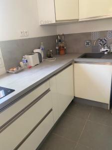 una cucina con mobili bianchi e un lavandino di Maison corse a Saparale