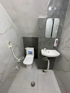 a bathroom with a sink and a toilet and a mirror at Rukmani Rooms in Mathura