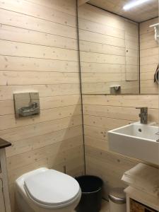 a bathroom with a white toilet and a sink at Waterfront Loft in Brandenburg an der Havel