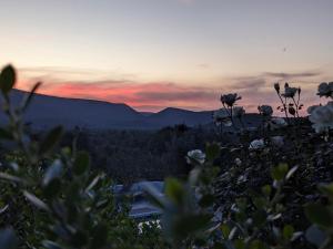 una puesta de sol en las montañas con flores en primer plano en Casa Boho - Turismo Rural, en Alvados