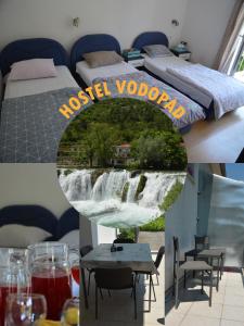un collage di immagini di una camera d'albergo con letto e cascata di Apartmani Stolac a Stolac