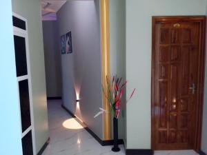 a hallway with a door and a vase with a plant at Kampango Classic Hotel in Mugumu