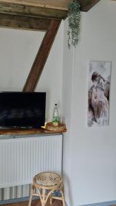 Zimmer mit einem Tisch, einem Stuhl und einem TV in der Unterkunft Pension und Gästehaus Paffrath in Großbrembach