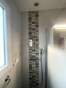 une salle de bain avec une douche avec une porte vitrée dans l'établissement L'authentique - Cosy & Calme, à La Pironnière