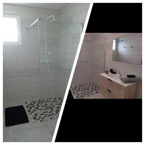 two pictures of a bathroom with a shower and a sink at Jolie maison rénovée avec espace vert in Thonnance-lès-Joinville
