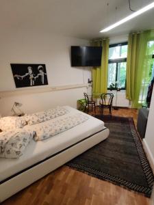 um quarto com uma cama grande e uma televisão em Have a nice home em Leipzig