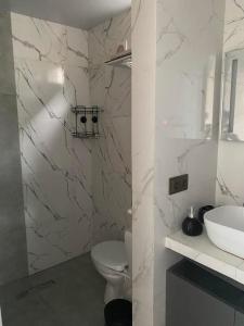 La salle de bains blanche est pourvue de toilettes et d'un lavabo. dans l'établissement guest house Telavi XXI, à Telavi