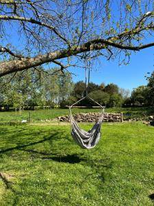 Eine Hängematte hängt von einem Baum auf einem Feld in der Unterkunft Les Embreoles in Clitourps