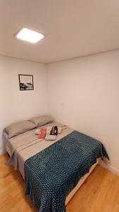 ItapevyMinicasa Show, 27m², com churrasqueira e varanda!的一间卧室，床上铺着一条蓝色的毯子