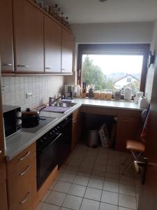 kuchnia ze zlewem, kuchenką i oknem w obiekcie Ferienwohnungen Sternenhimmel WHG 1 w mieście Medebach