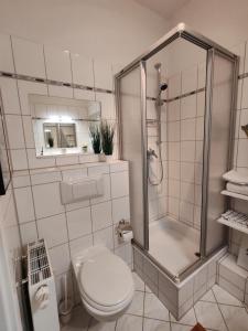uma casa de banho com um chuveiro e um WC. em Have a nice home em Leipzig