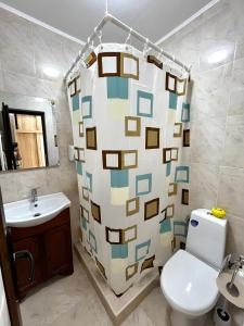 a bathroom with a toilet and a shower curtain at Casa D'ANA in Geoagiu Băi