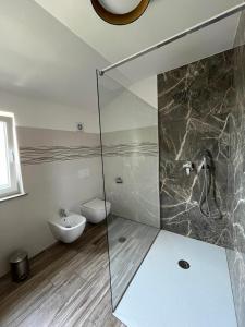 a bathroom with a glass shower with a toilet at Villa ELM in Ankaran