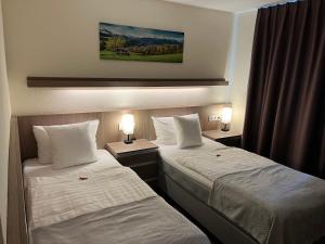 twee bedden in een hotelkamer met twee lampen bij Hotel Zum Ritter in Seligenstadt