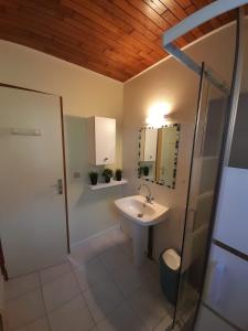 uma casa de banho com um lavatório branco e um chuveiro em Les Loges de Mélis em Cuzorn