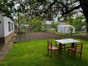 a table and two chairs sitting in a yard at Rooms Apartma Cerknica in Cerknica