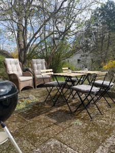 two chairs and a picnic table and a grill at Mysig lägenhet, nära det mesta! in Uddevalla