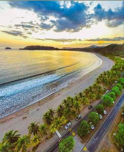 an aerial view of a beach with palm trees at House in the palm forest in Carrillo