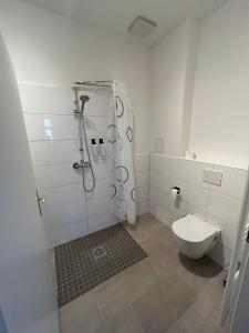 a bathroom with a shower and a toilet at Villa Rathenow in Rathenow