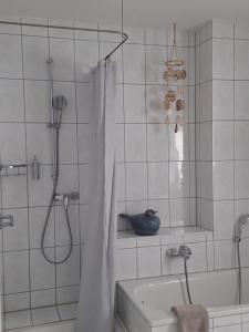 y baño con ducha y bañera. en Ferienwohnung An der Karlskuppe, en Eisenach