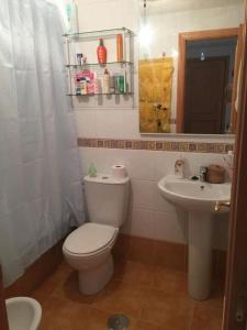 La salle de bains est pourvue de toilettes et d'un lavabo. dans l'établissement PORTOSIN Apartamento con piscina, playa, à Goyanes